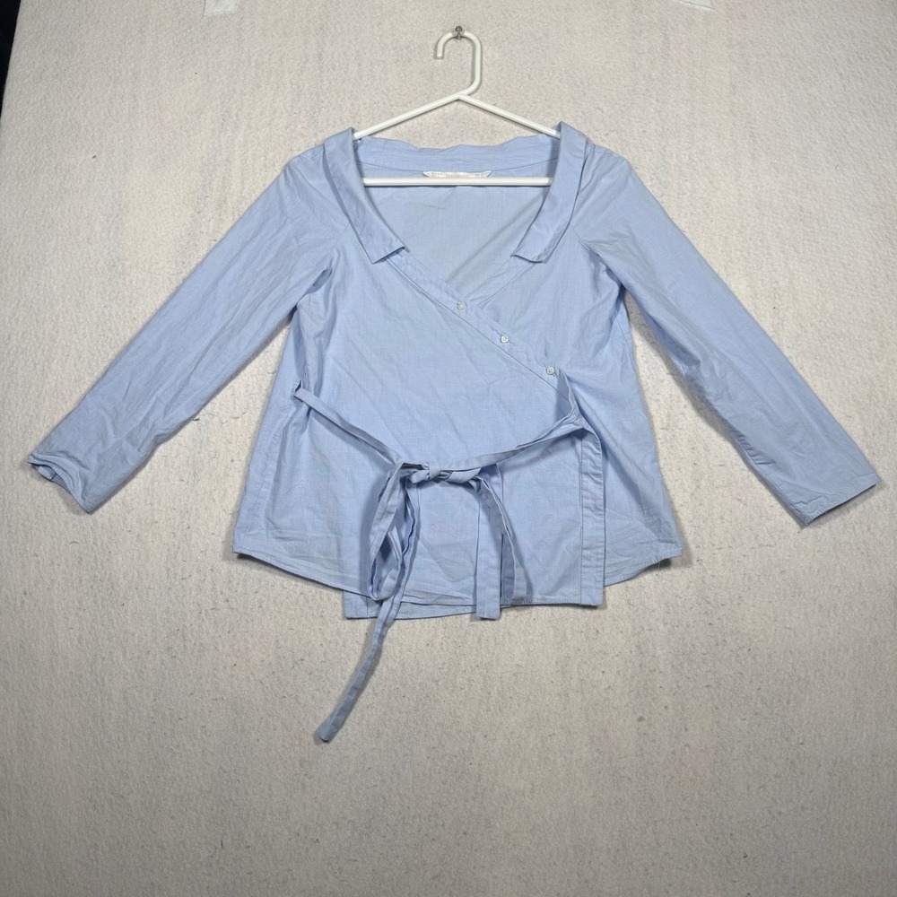 Zara Trafaluc Light Blue Wrap Blouse Long Sleeve Tie Waist Top XS